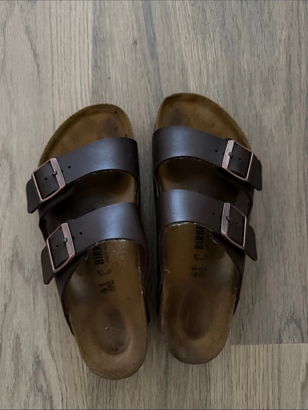 Birkenstock Dark Brown Men’s Two-Strap Sandals with Copper Buckles